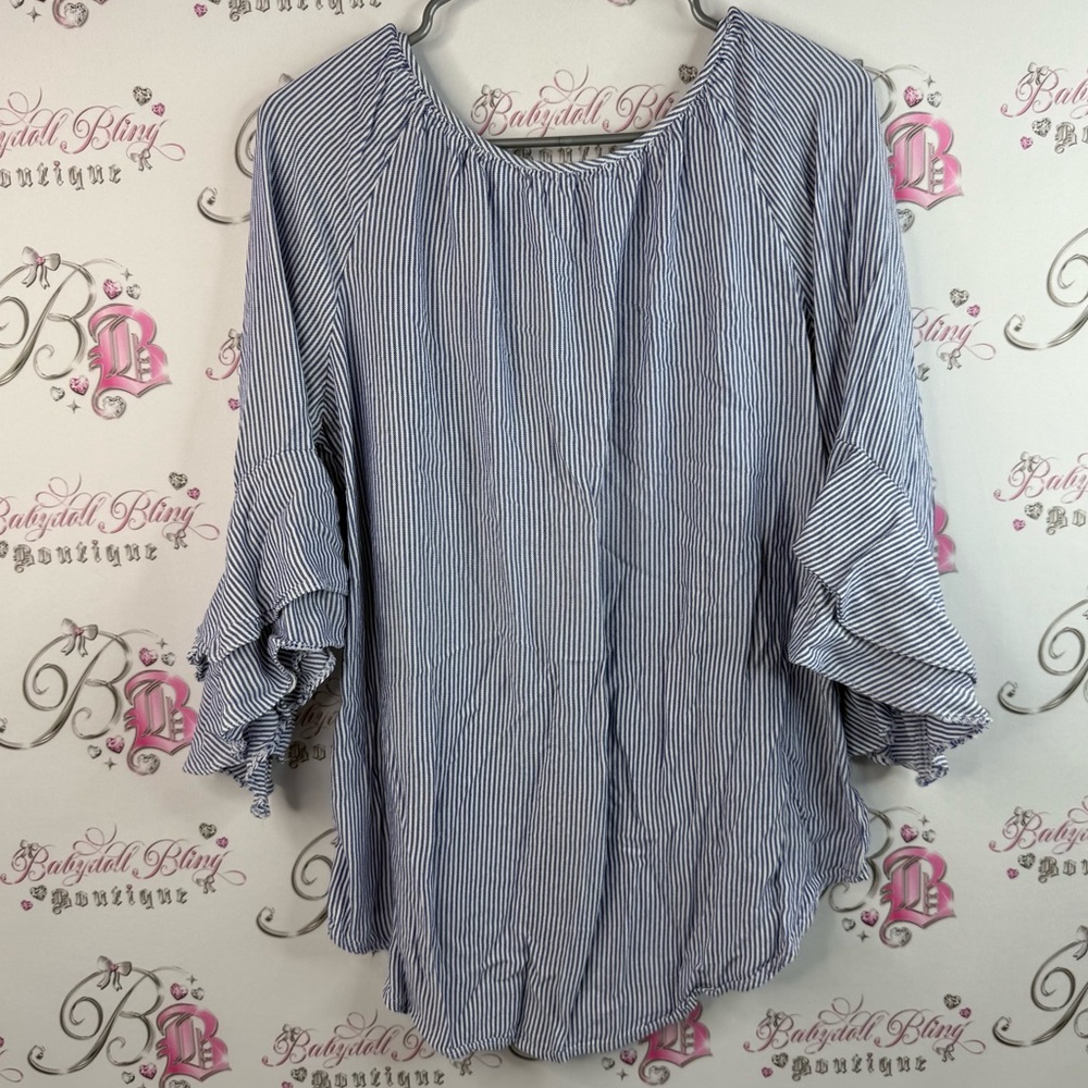Cleo long sleeve top ruffles frilly tie up Blue Striped Ruffle Sleeve Top - Picture 2 of 13